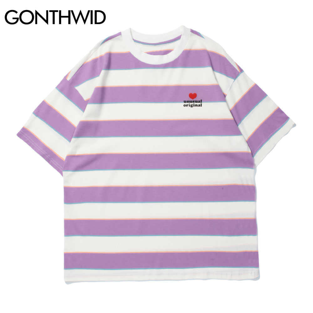 GONTHWID Tshirts Streetwear Hip Hop Color Striped Summer Tees Shirts Men Harajuku Fashion Casual Cotton Loose Short Sleeve Tops 210629