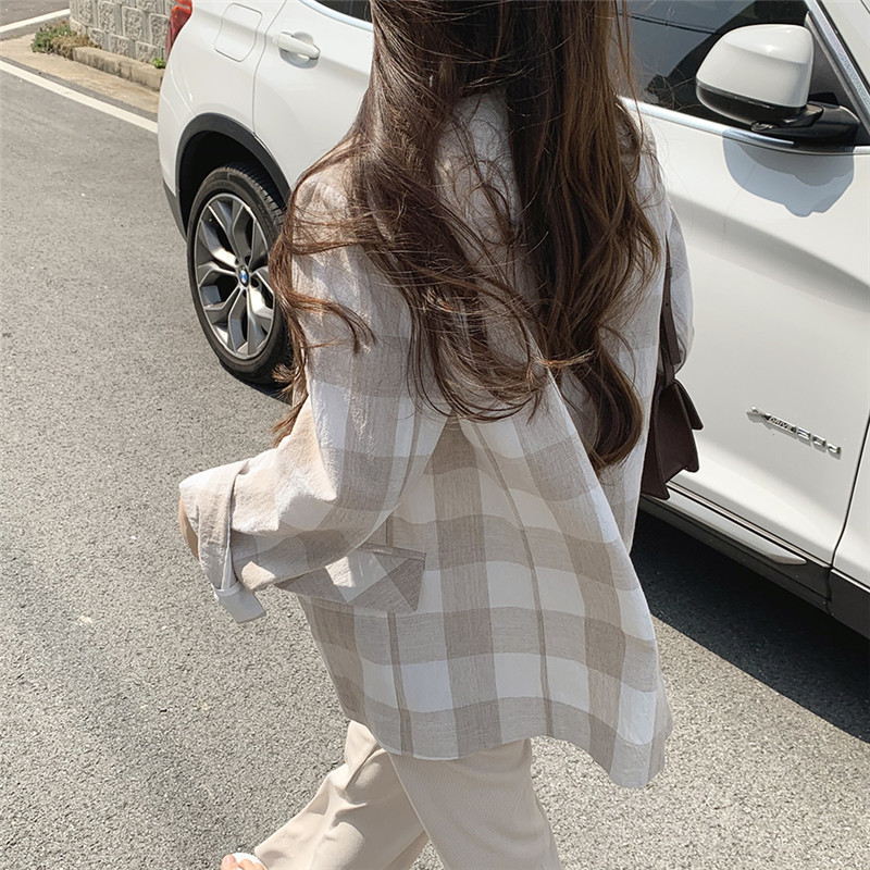 Comelsexy Office Lady Cotton Linen Blazers Formal Suit Jacket Loose Elegant Plaid Blazer Plus Size Women Tops 210515