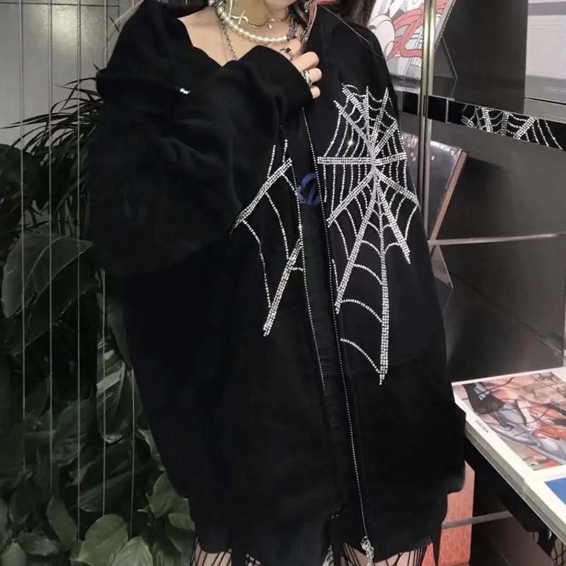 Hoodies & Men's Sweatshirts Y2k Rhinestone Skeleton Men Gothic Black Zip Up Oversized Female Retro Harajuku Hooded Jacket Outfit Un