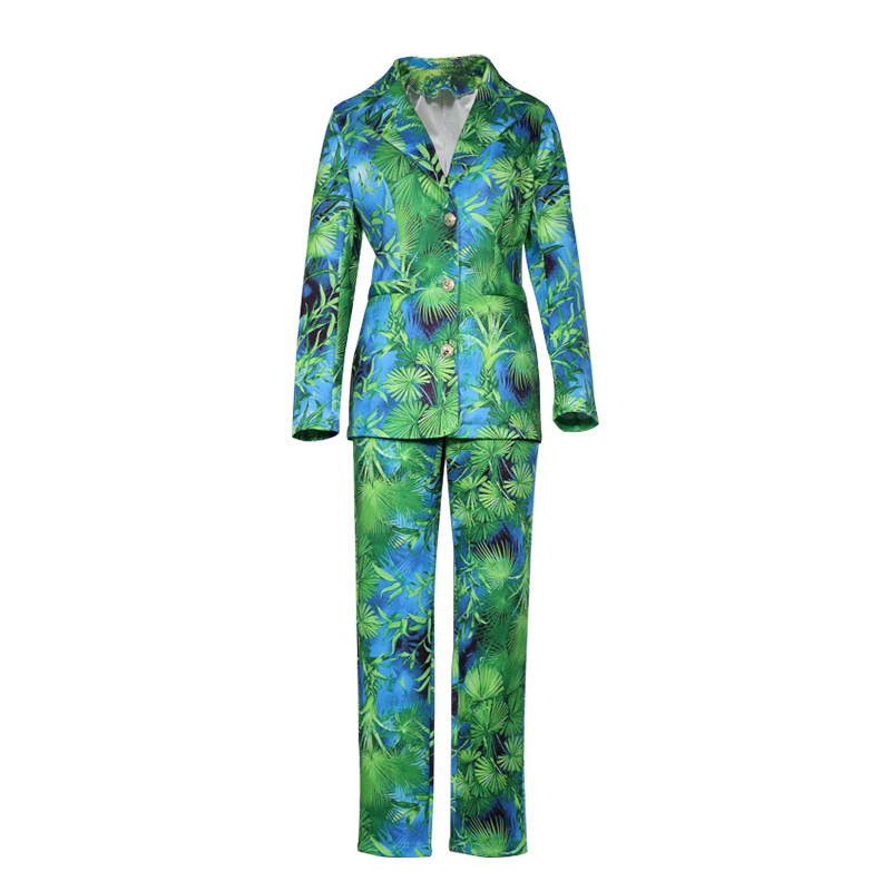 Autumn Women Pant Suits Green Jungle Print Blazer Vintage Streetwear Long Sleeve Coat and High Waist Trouser 2 Piece Set