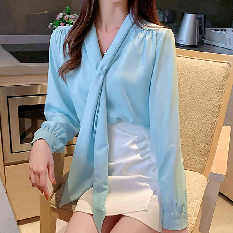 Long Sleeve Office Lady Style V-neck Wome's Shirt Fashion Korean Clothes Bow Lace Up Chiffon Blouse Blusas Mujer 11276 210427
