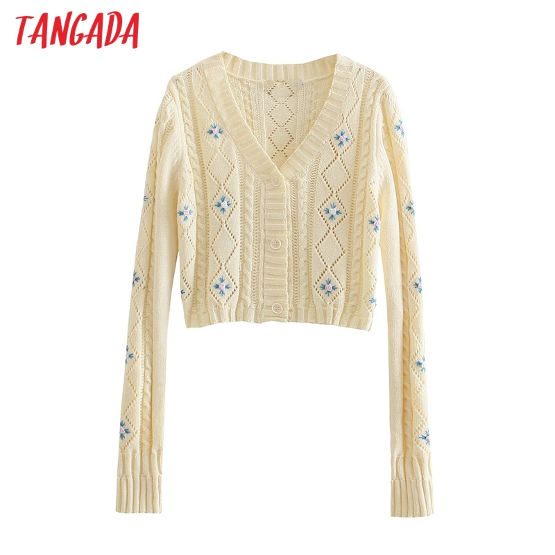 Women Elegant Flower Emboridery Crop Vintage Jumper Lady Fashion Knitted Cardigan Coat 3N23 210416