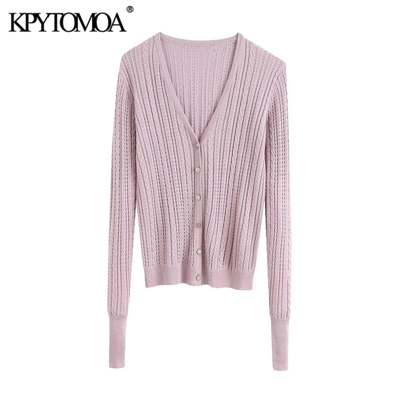 Women Fashion Jewellery Buttons Cable-knit Cardigan Sweater V Neck Long Sleeve Female Outerwear Chic Tops 210420