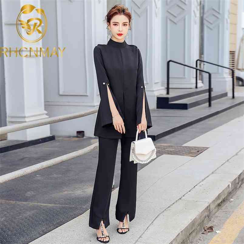 Fall Women Black 2 Piece Set Sexy Blouse + Higt Wiast Wide Leg Pants Suit Korean Style Slim temperament Office Lady 210506