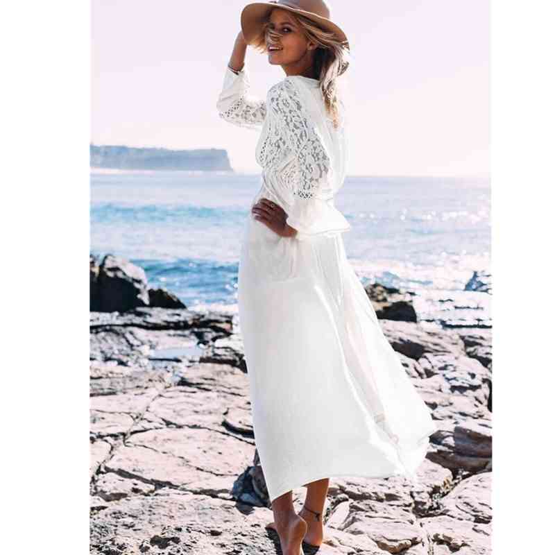 White Rayon Beach Long Dress Swimwear Tunics Kaftan wear Cover ups Robe de Plage Saida Praia #Q274 210420