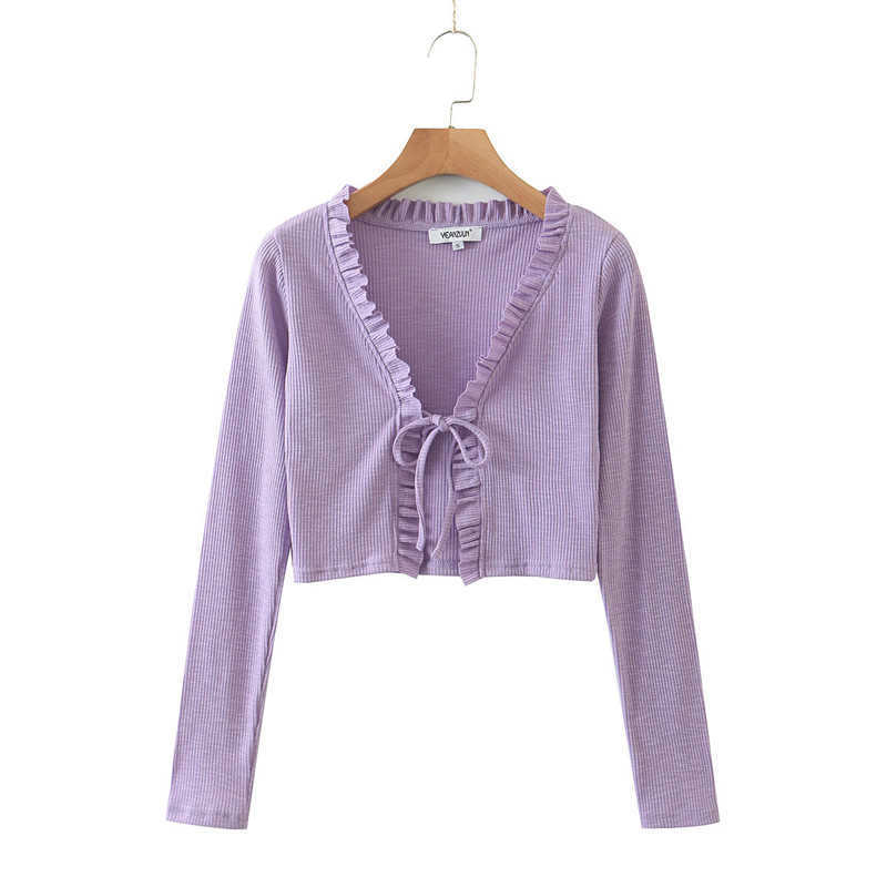 HSA Women Autumn Cardigans Sweater V-Neck Ruffles Sweater Cardigans Long Sleeve Lace up Knit Jumpers Stripe Vintage Jacket 210716