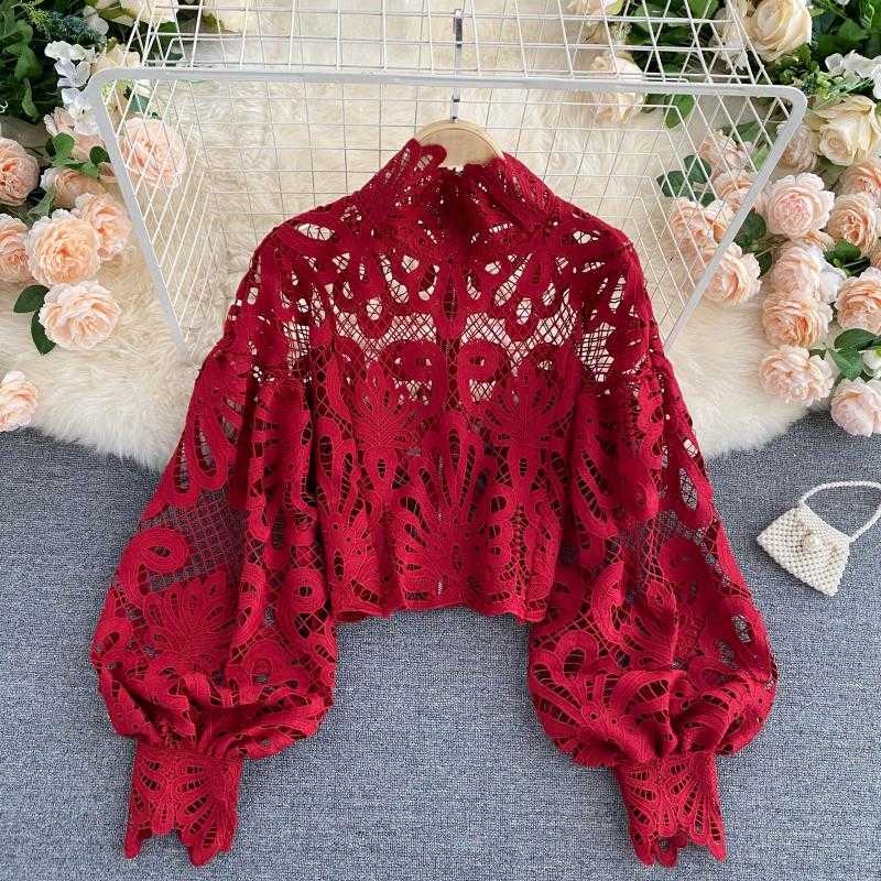 Sexy Lace Hollow Out Short Blouse Casual Lantern Long Sleeve Stand Collar Shirts Female Elegant Red/Pink/White Loose Tops 210721
Sexy Lace Hollow Out Short Blouse Casual Lantern Long Sleeve Stand Collar Shirts Female Elegant Red/Pink/White Loose Tops 210721