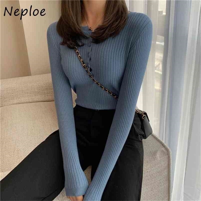 Neploe Korean Style Autumn Winter Sweater Women O Neck Long Sleeve Button Elasticity Jumper Elegant Slim Knitting Tops 210908