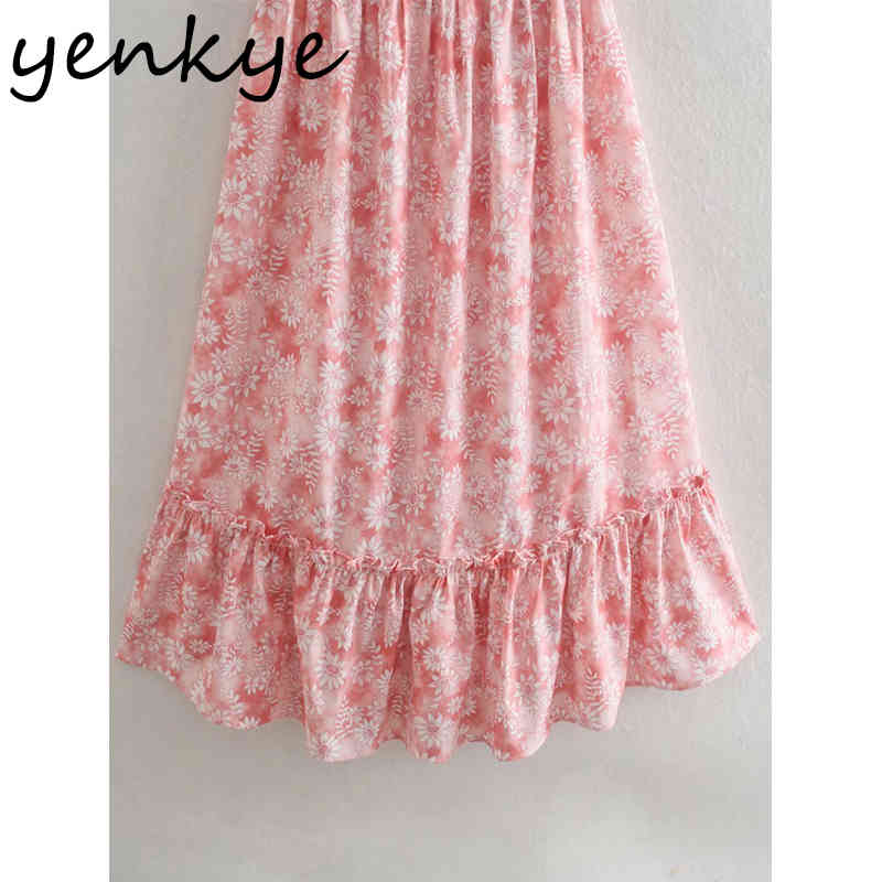 Sweet Pink Floral Print Dress Women Sexy V Neck Sleeveless Sling Holiday Long Female Summer Hollow Out Vestido 210430