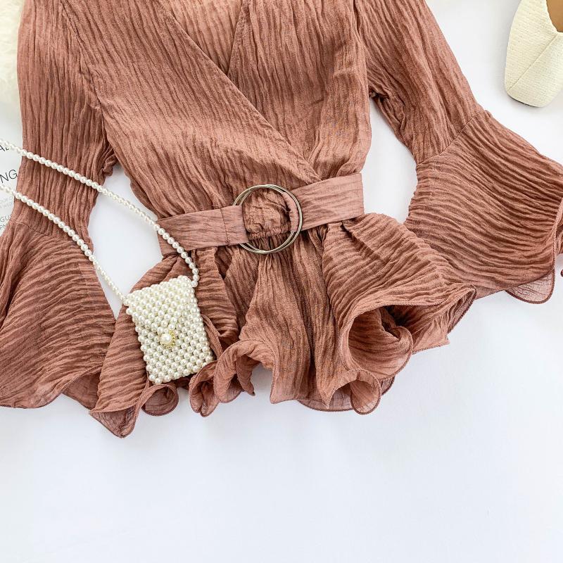 Gagaok Women Office Lady Chiffon Blouse Spring Autumn Solid VNeck Flare Sleeve Sashes Slim Chic Wild Female Fashion Shirts 210401