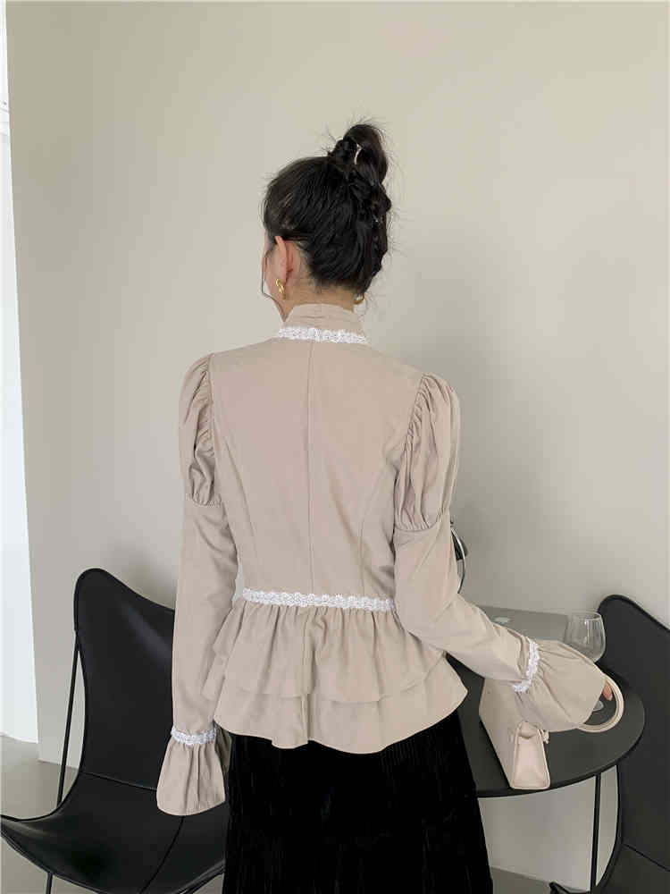 Court Ruffle Flare Sleeve Tops Button Up Turtleneck Shirt Women Khaki Long Ladies Blouse Clothing 210427