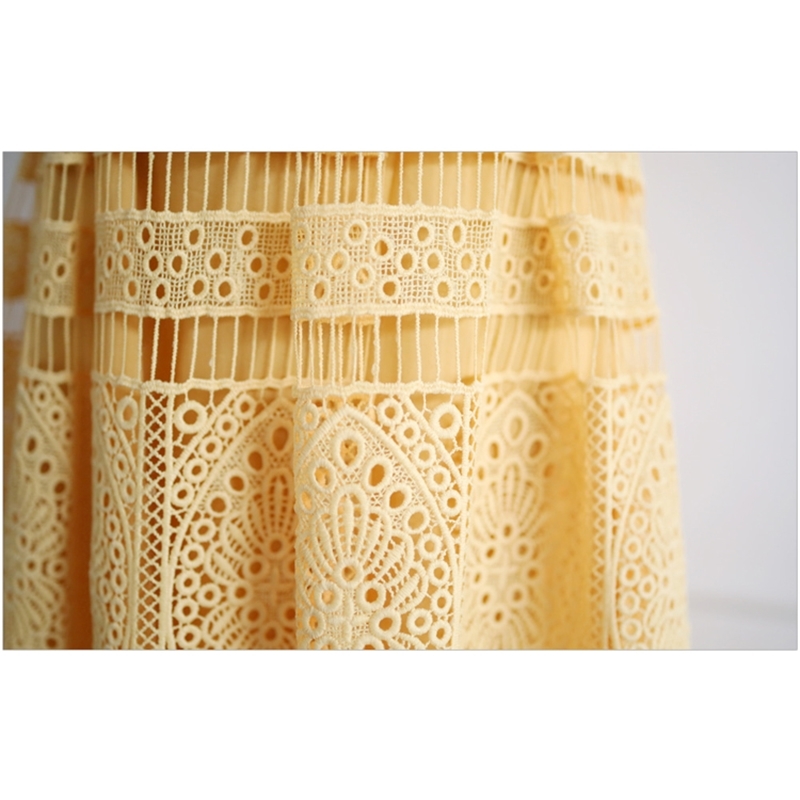 Fashion Summer Hollow Out Lace Dress Women Short sleeve Holidays Big Swing Long es Casual Sweet yellow Vestidos 210520