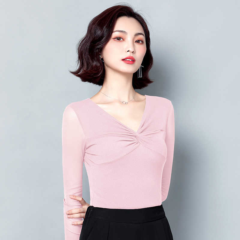 Korean Women Blouses Woman Elastic Mesh Blouse Tops V-neck Basic Plus Size Autumn Ladies Solid Long Sleeve 210531
