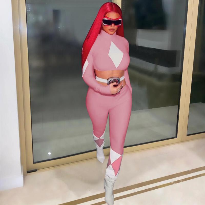Women Fashion Sexy Locomotive Style Sets Long Sleeve High Collar Top Elastic Pants Two Piece Women's Tracksuits