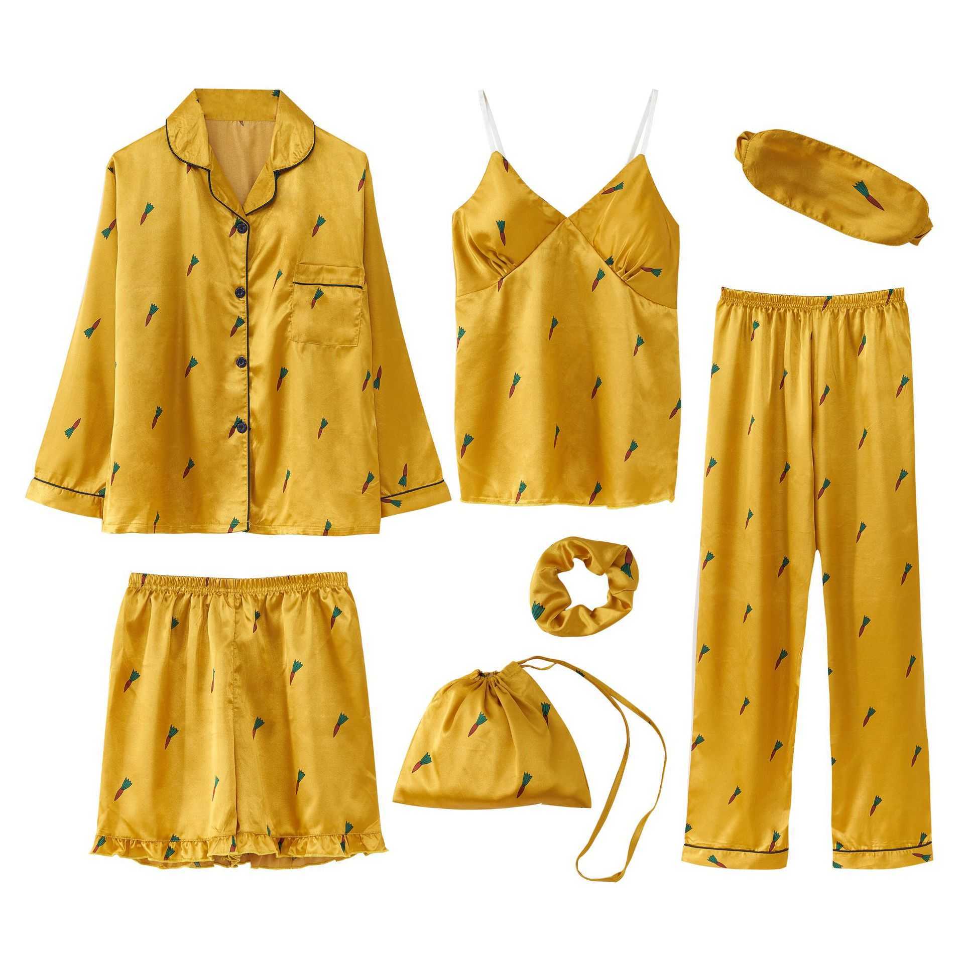 Yellow Satin Sleep Set Print Pajamas Suit For Women Spring Autumn Nightwear Home Clothing Casual Sleepwear Intimate Lingerie Q0706