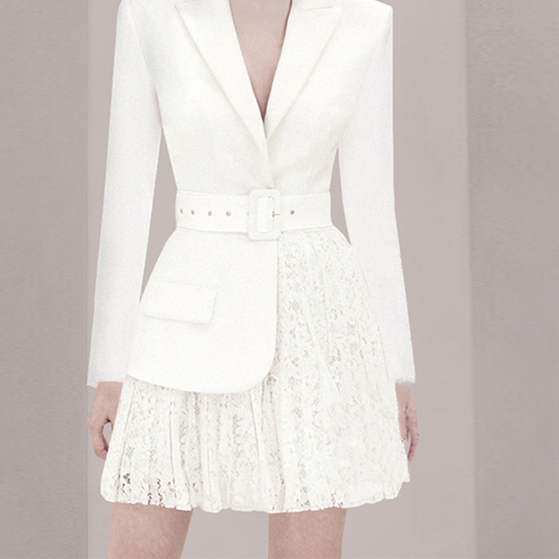 High End Autumn OL Style White Women Dress Elegant Lace Patchwork Female With Belt Business Vestido Da Festa 210520