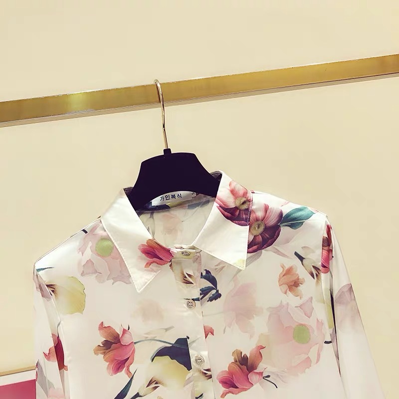 casual flower printed satin chiffon blouse women turn down collar long sleeve spring summer shirts lady tops plus size 210421
