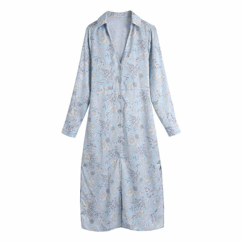 Za Print Shirt Dress Women Long Sleeve Knotted Sky Blue Midi Dresses Chic Button Up Side Vents Woman Vintage Summer Dress 210602