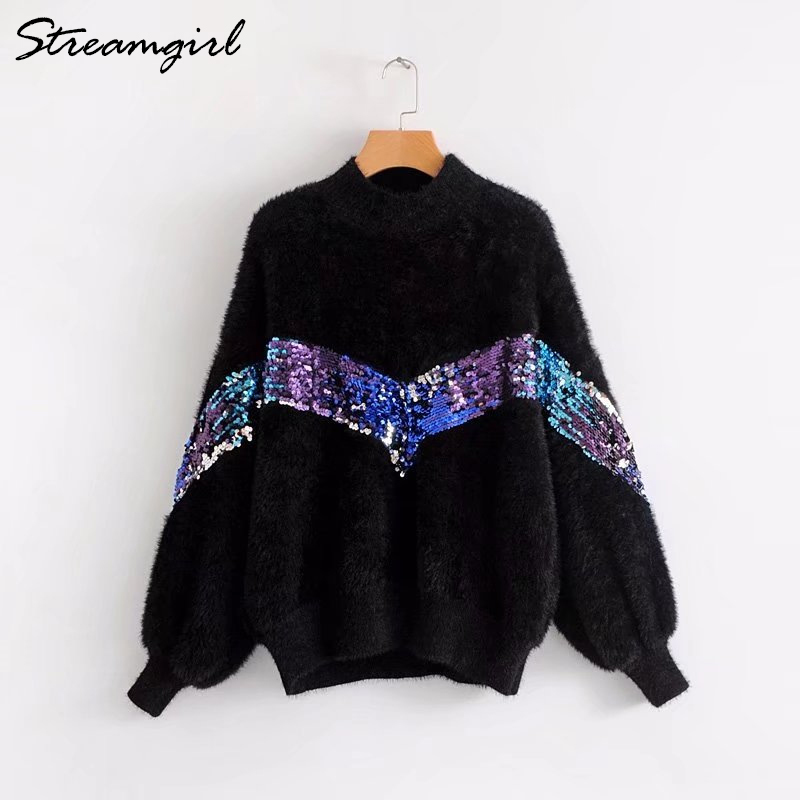 Mohair Sweater With Sequins Women White Turtleneck Sweater Pullover Sweaters Women Sweters Patch Thick Winter Warm Sweaters 210421