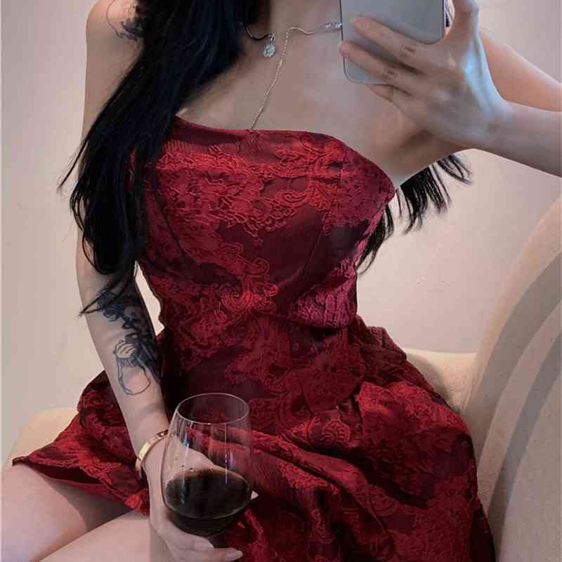 summer mini dress girls Strapless Red Print Sexy Party womens Mini Tube female Bodycon Dress (R99583) 210423