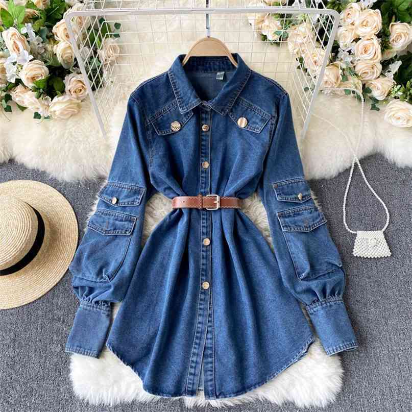 Women Denim Shirt Spring Fashion Lapel Collar Full Sleeve Single Breasted Pockets Female Long Jeans Top with Belt 210603, Blue
Women Denim Shirt Spring Fashion Lapel Collar Full Sleeve Single Breasted Pockets Female Long Jeans Top with Belt 210603, Blue