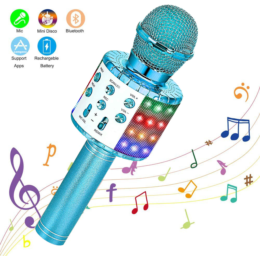 Wireless Karaoke Microphone Bluetooth Handheld Portable Speaker Home KTV Player with Dancing LED Lights Record Function for Kids