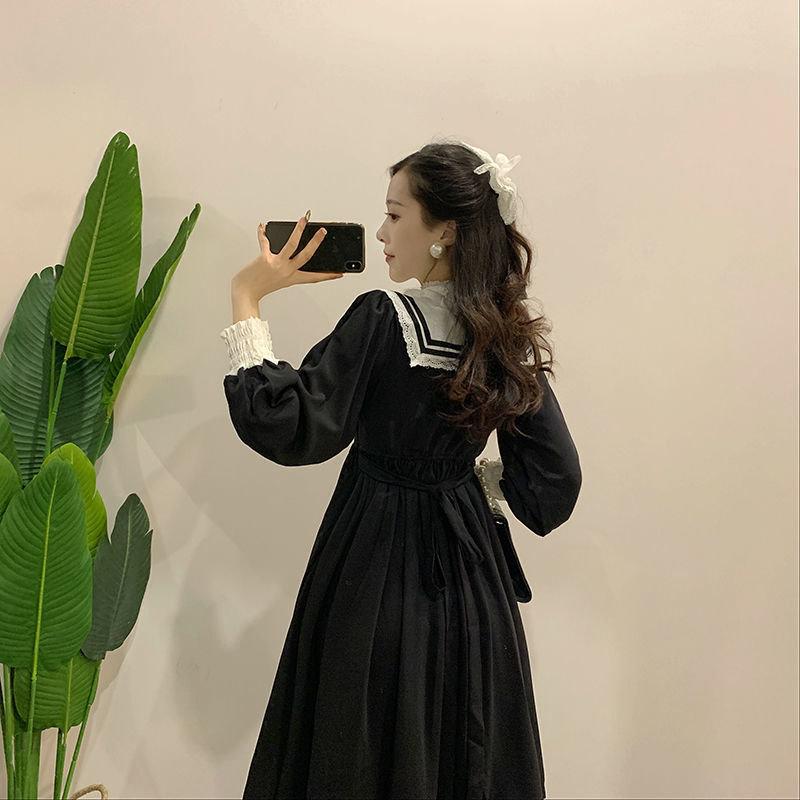 Black Vintage Dress Women French Elegant Gothic Lolita Dress Female Lace Long Sleeve Stand Evening Party Dress Korea Autumn 210521
