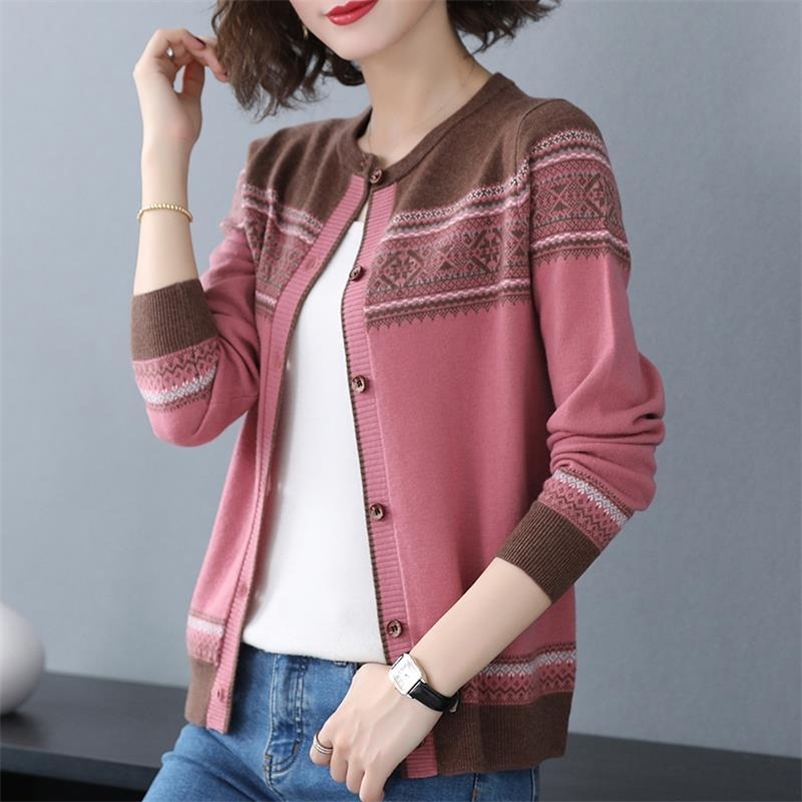 Print Patchwork O-Neck Slim Knitted Cardigans For Women Spring Single Breasted Korean Knitwear Tops Elegant Knit Coat Female 210522