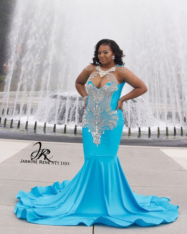2021 Plus Size Arabic Aso Ebi Blue Luxurious Mermaid Prom Dresses Beaded Crystals Sheer Neck Evening Formal Party Second Reception Gowns ZJ322