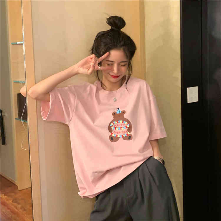 2colors Summer women tops korean style Cartoon Bear short sleeve t-shirts womens tee shirt femme (N0070) 210423
