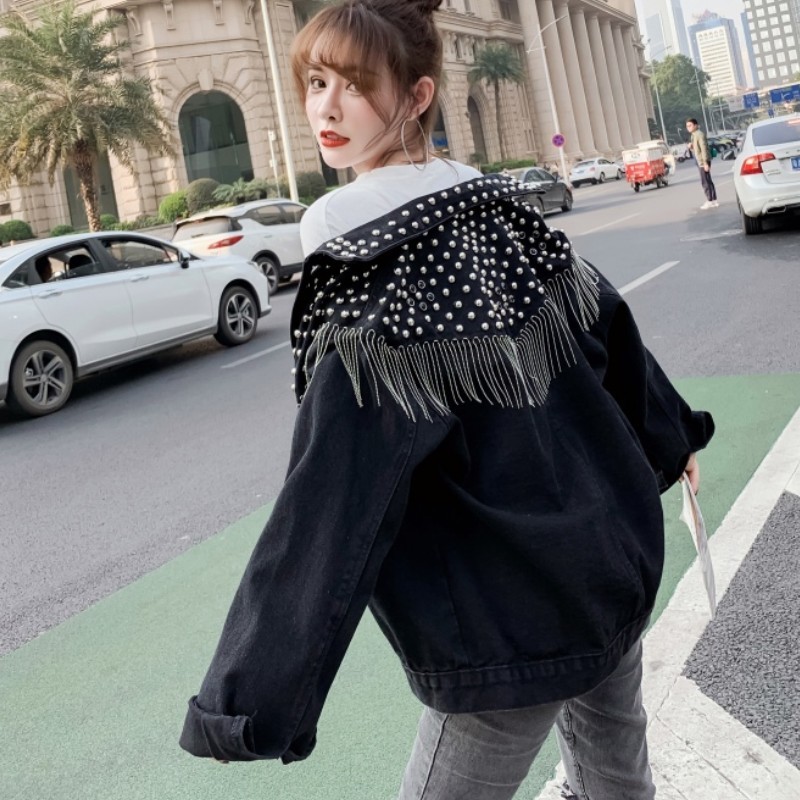 Spring Autumn Streetwear Denim Jacket Women Hand-studded Rivet Tassel Chain Short Jeans Jacket Loose Casual Outerwear 210518