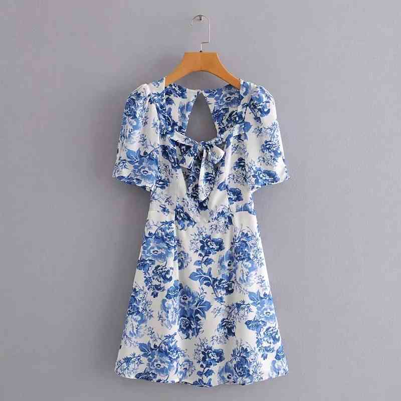 Foridol Summer Vintage Dress Elegant Mini Dress Beach Female Short Backless Dresses Blue Flower Boho Vestidos 210415