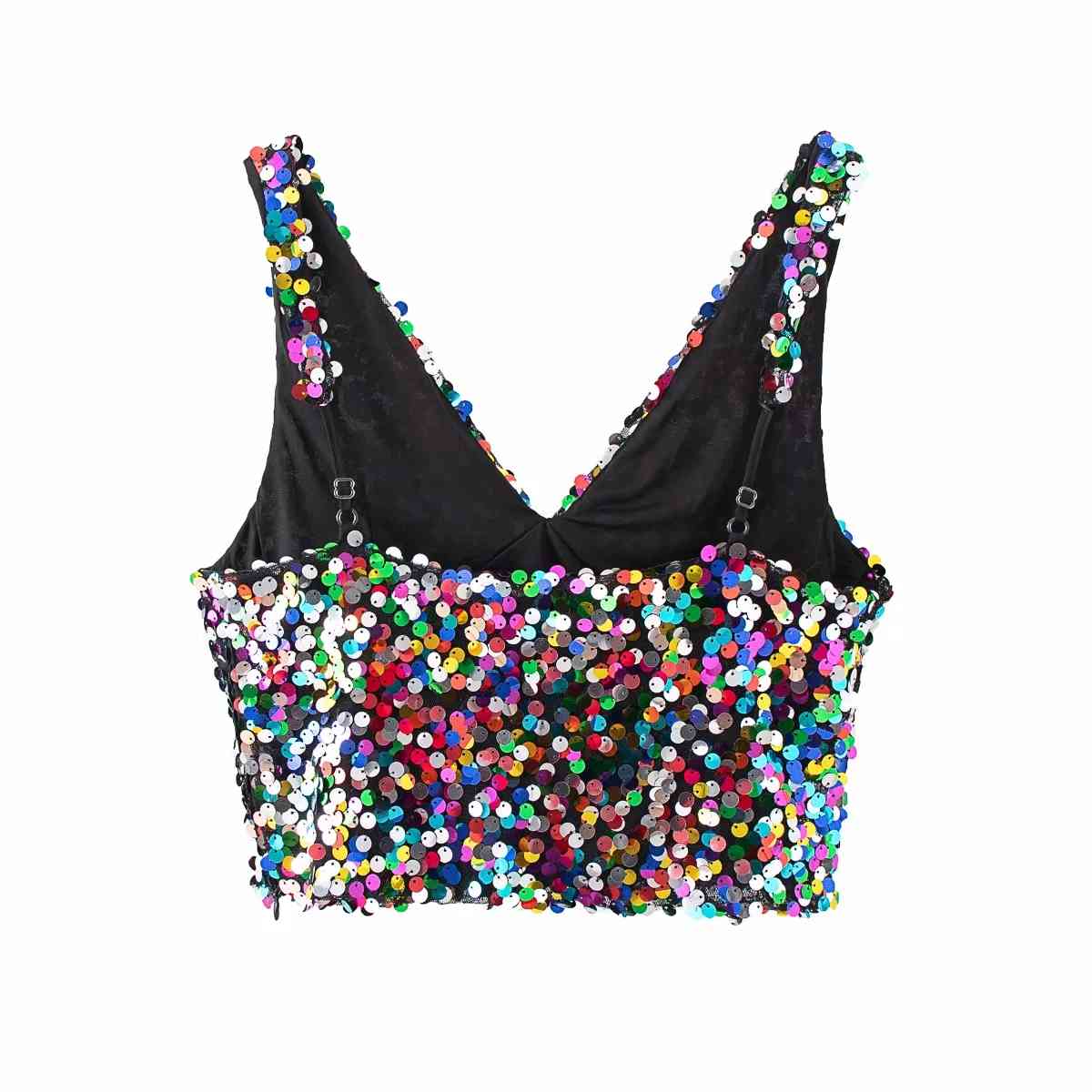 Foridol Colorful Sequin Blouse Shirt Sexy Club Camis Tank V Neck Crop Top Short Tops Blouse Shirts Summer 210415