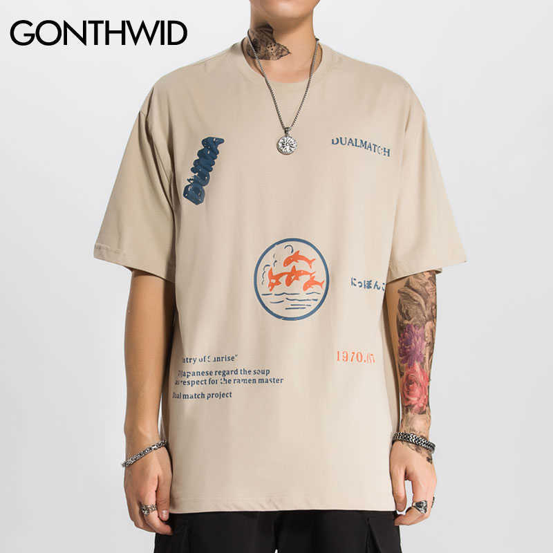 GONTHWID Whales Print Short Sleeve Tee Shirts Harajuku Casual Streetwear T-Shirts Men Hip Hop Summer Fashion Tshirts Tops Male 210623