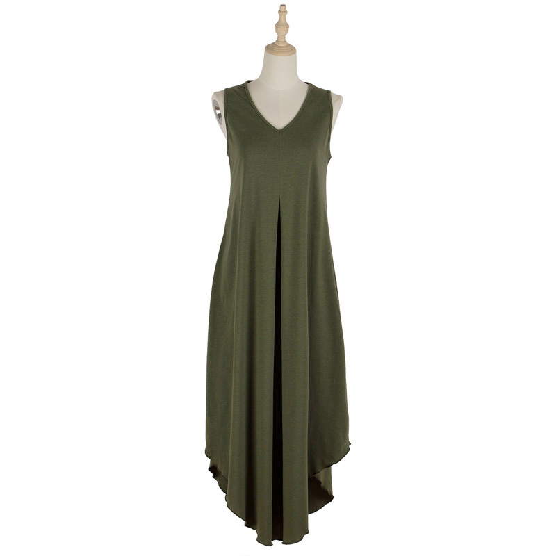 V-neck Sleeveless Asymmetrical Home Casual Dresses Summer Women Solid High Waist Loose Split Hem Long Dress 210510