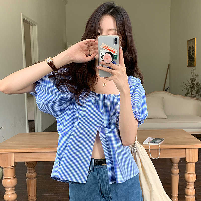 Korejpaa Women Shirt Summer Korean Chic Western Style Square Collar Exposed Clavicle Loose Check Puff Sleeve Split Blouses 210526