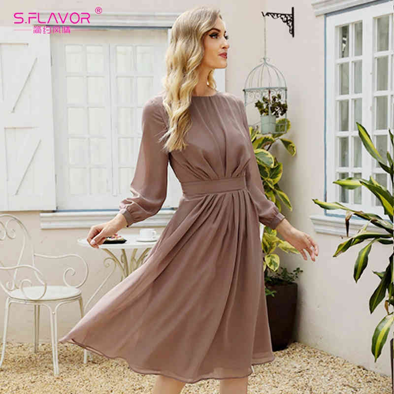 S.FLAVOR Spring Fashion Women Brown Chiffon Dress Elegant Long Sleeve Pleated A-Line Dress Solid Summer Women Boho Midi Vestidos 210409