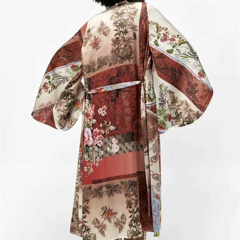 Autumn Casual Retro All-match Jacket Slim Printed Jacket Fashion Double-Breasted Long Sleeved Women Coat Shawl Tops With Belt 211007