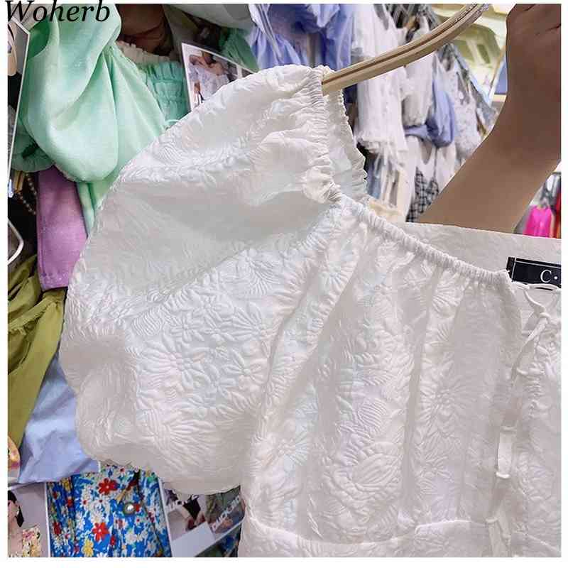 Summer Short Blouse Chic Square Collar Crop Top Bandage Blusas Elegant All Match Vintage Puff Sleeve Shirts Tops 210519