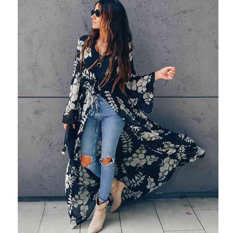 Bikini Cover-ups Boho Printed Long Kimono Cardigan Plus Size White Black Chiffon Tunic Women Beach Wear Swim Suit Cover Up A225 210420