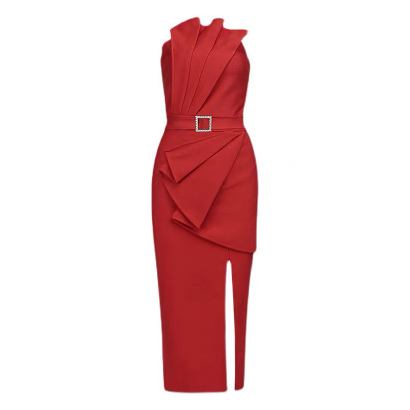 VGH Red Sexy Dress For Women Strapless Sleeveless High Waist Sashes Slim Side Split Evening Party Dresses Female Summer New 210421