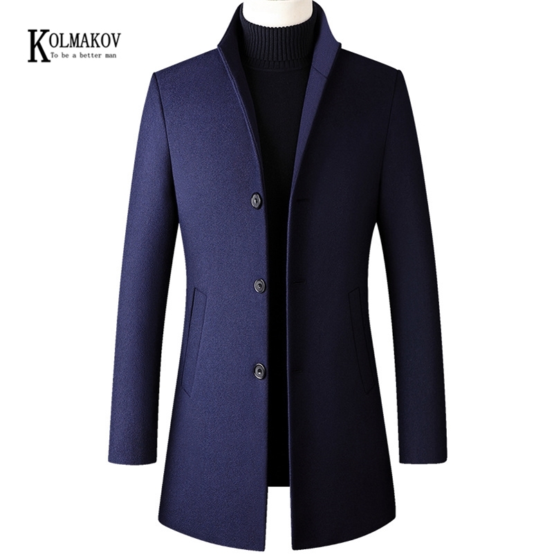 KOLMAKOV Autumn/Winter British Style Solid Men Long Woolen Coat Slim Fit Wine Red Black Navy Blue Gray Overcoat Male 4XL 211122