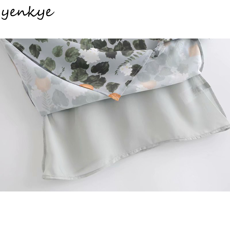 Vintage Lemon Leaves Print Sexy Sling Dress Women Sleeveless V Neck Hem Slits Mini Robe Holiday Summer Chiffon 210430