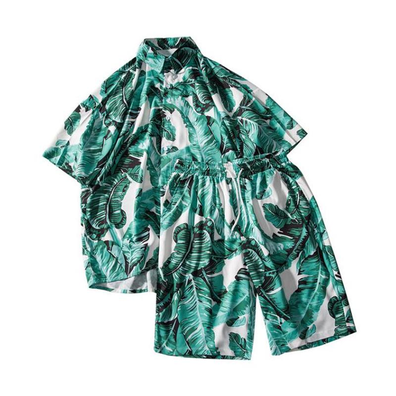 Hawaiian Style Fashion Large Banana Leaf Print Short Sleeve Men's Comfortable Ice Silk Loose Beach Casual Shorts 2-piece Set Tracksuits