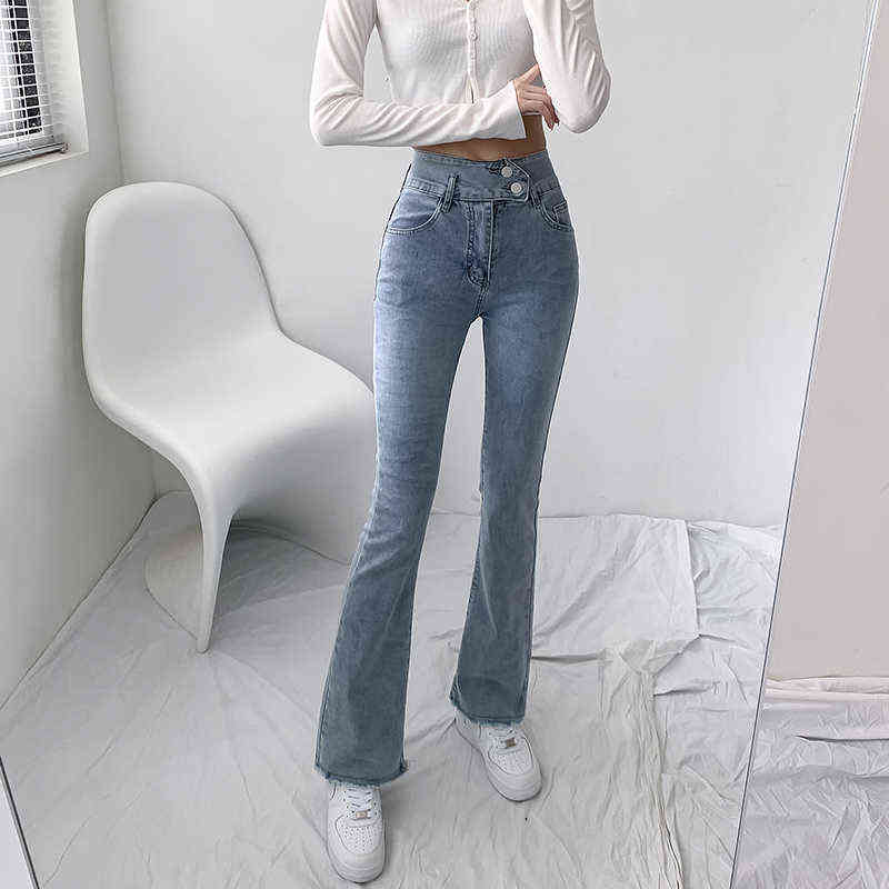 Jeans Women Solid Blue Sexy Slimhigh Waist Jean Simple Ladies Full Length Mom Cowboy Denim Flared Pants Mujer Autumn 211129