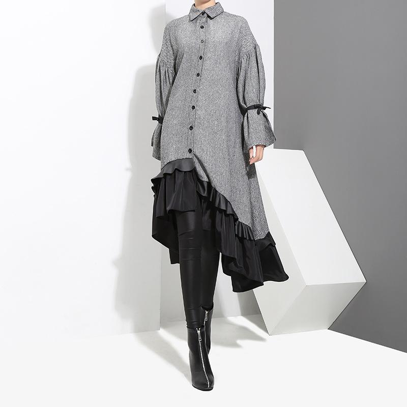 Casual Dresses Women Dress Elegant Irregular Hem Spring And Autumn Temperament Loose Ruffle Solid Flare Sleeve Lugentolo