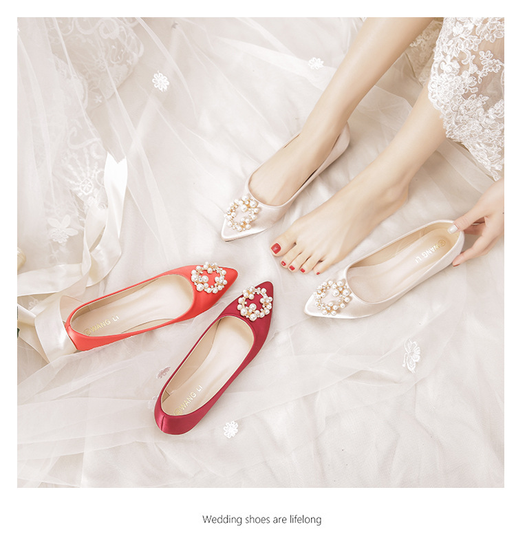 Champagne Satin Pointed Flat Women Shoes Pearls Circle Buckle Diamond Sexy Wedding Bridal Bradesmaid Prom for Lady Shoes