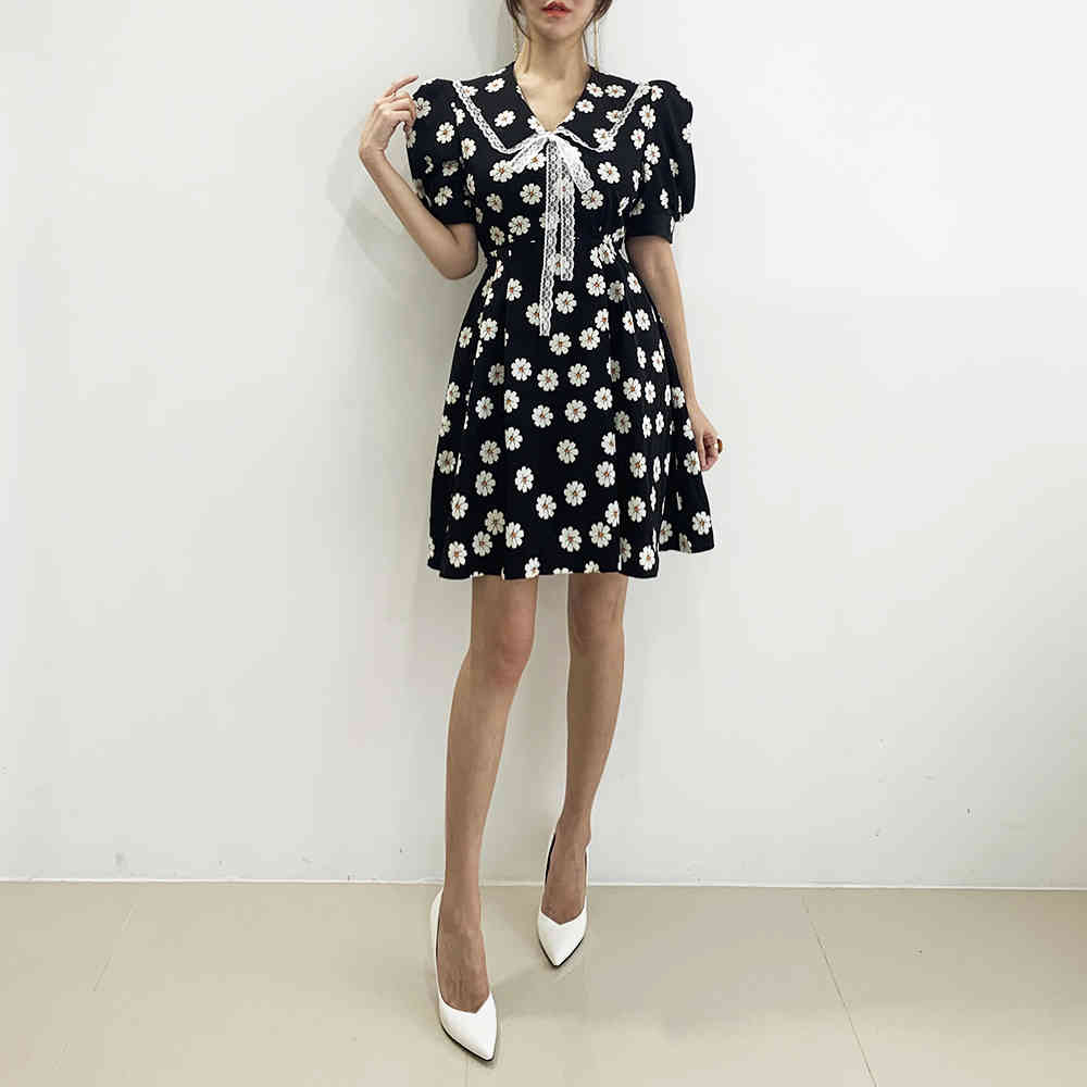 Korea Women's Lace Bow Peter Pan Collar Dress Ladies Small Daisy Printed Dresses Summer Girl Student Vestidos Women Clothes 210506