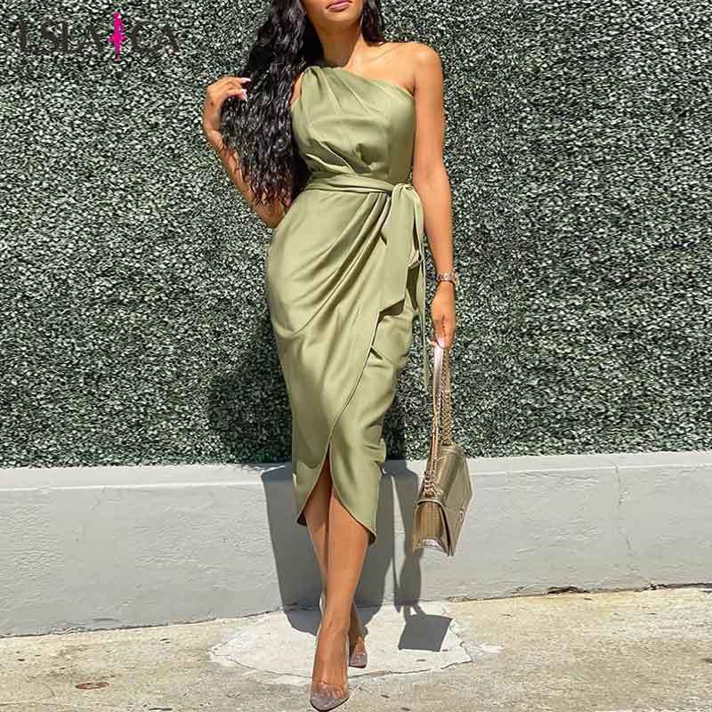 Women Dress Elegant Sleeveless One Shoulder Strappy Solid Color Evening Party Fashion Ladies Midi Summer Vestidos 210520, Green
Women Dress Elegant Sleeveless One Shoulder Strappy Solid Color Evening Party Fashion Ladies Midi Summer Vestidos 210520, Green