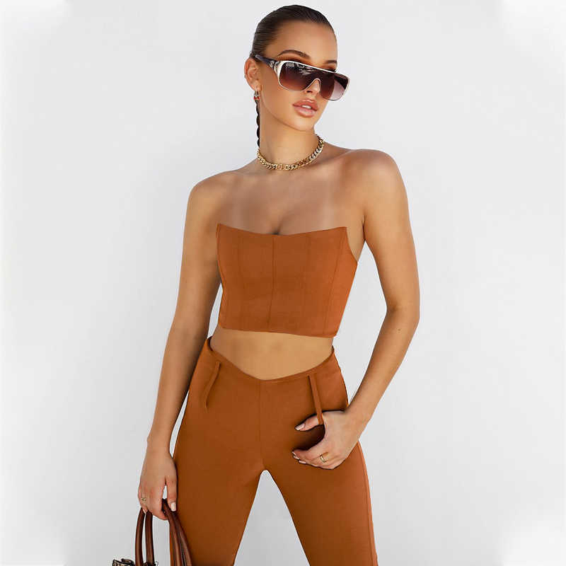 Summer Women'S Brown Strapless Top Sexy Sleeveless High Waist Pants Elegant Women Celebrity Fashion Suit 210527